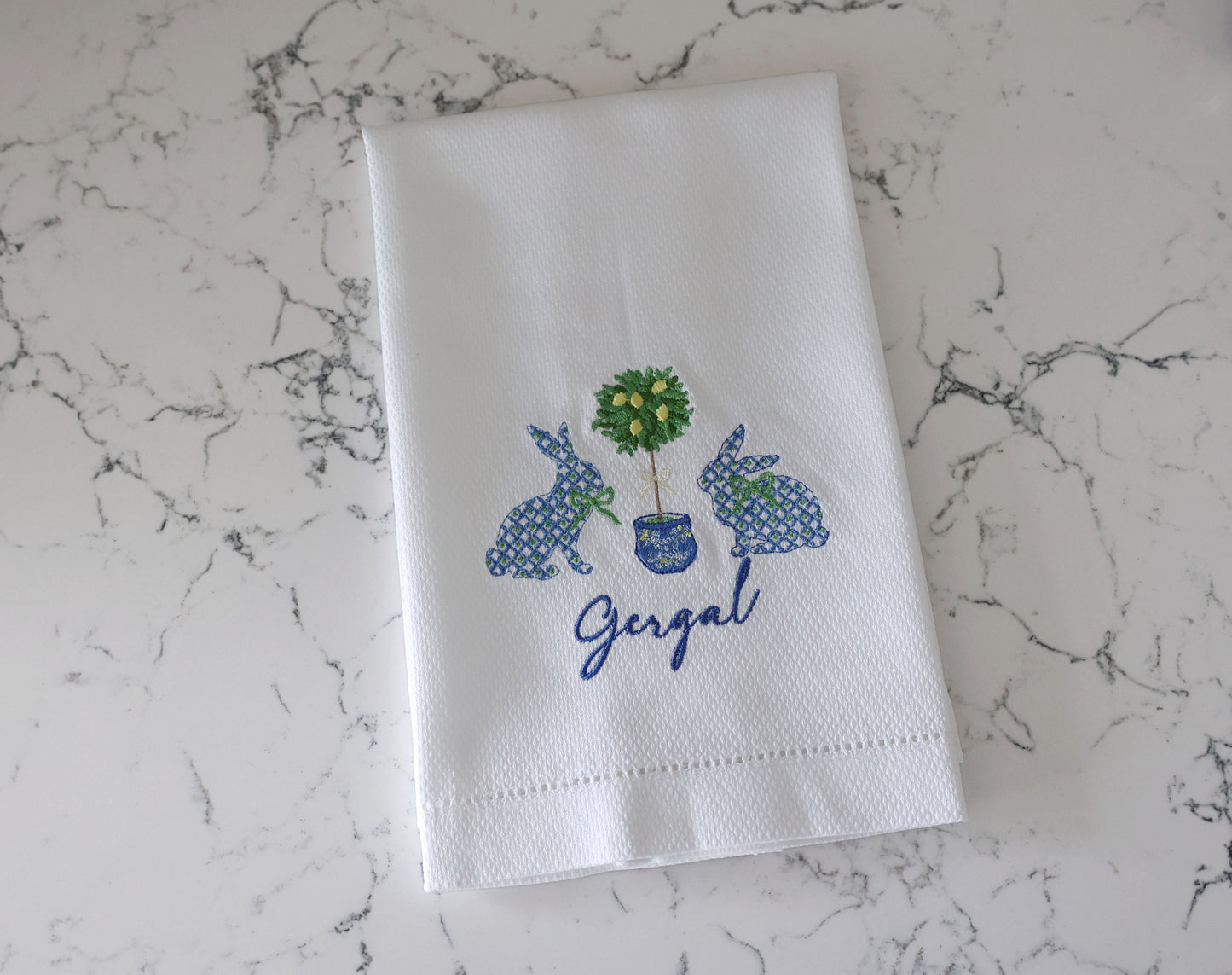 Chinoiserie Easter Rabbits Personalized Tea Towel