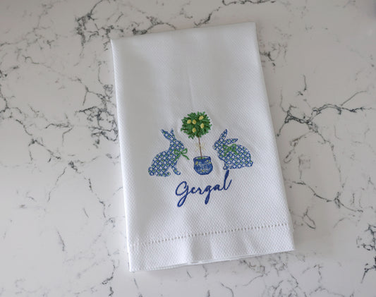 Chinoiserie Easter Rabbits Personalized Tea Towel