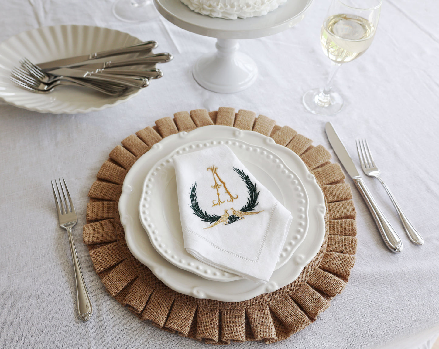 Pheasant Hemstitched Linen Dinner Napkins